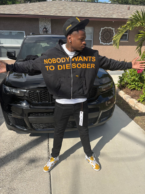 BLACK “DIE SOBER” ZIPUP HOODIE